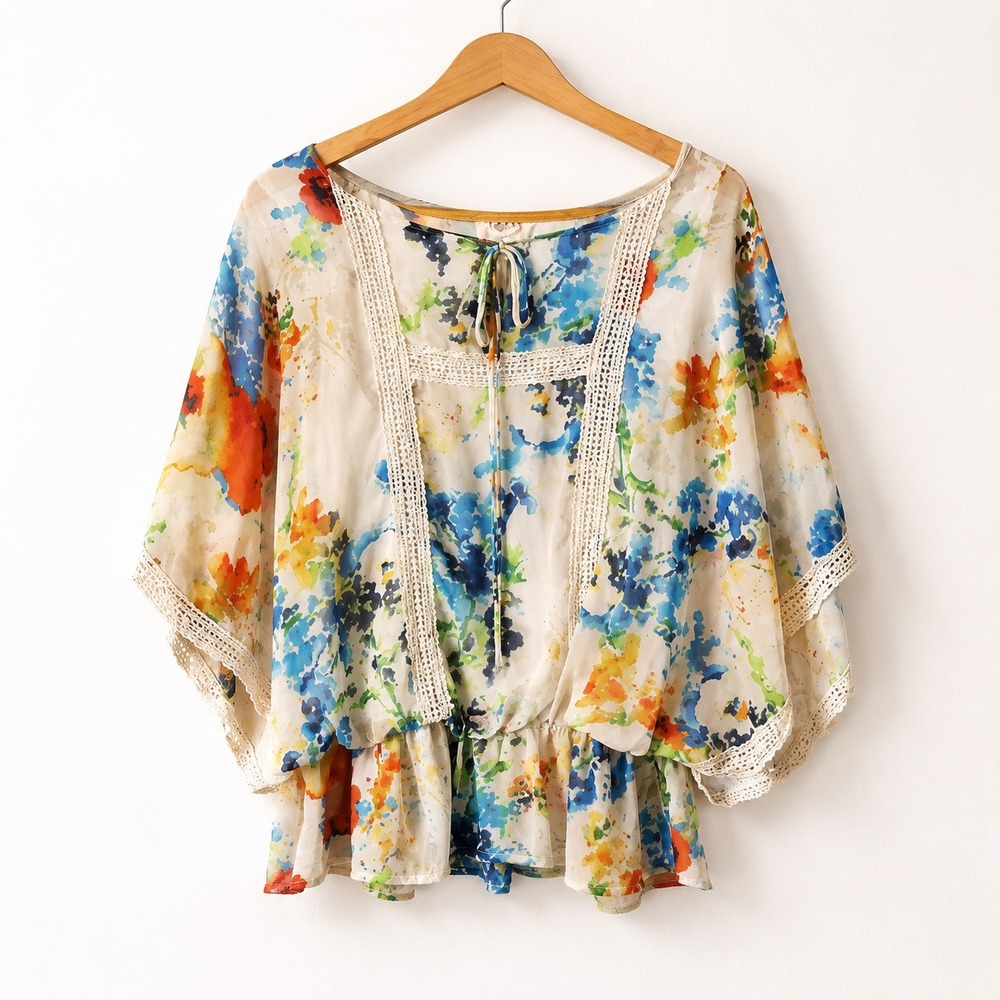 West K Floral Boho Kimono Blouse  L Multicolor Crochet Peplum Flowy Fairy Casual